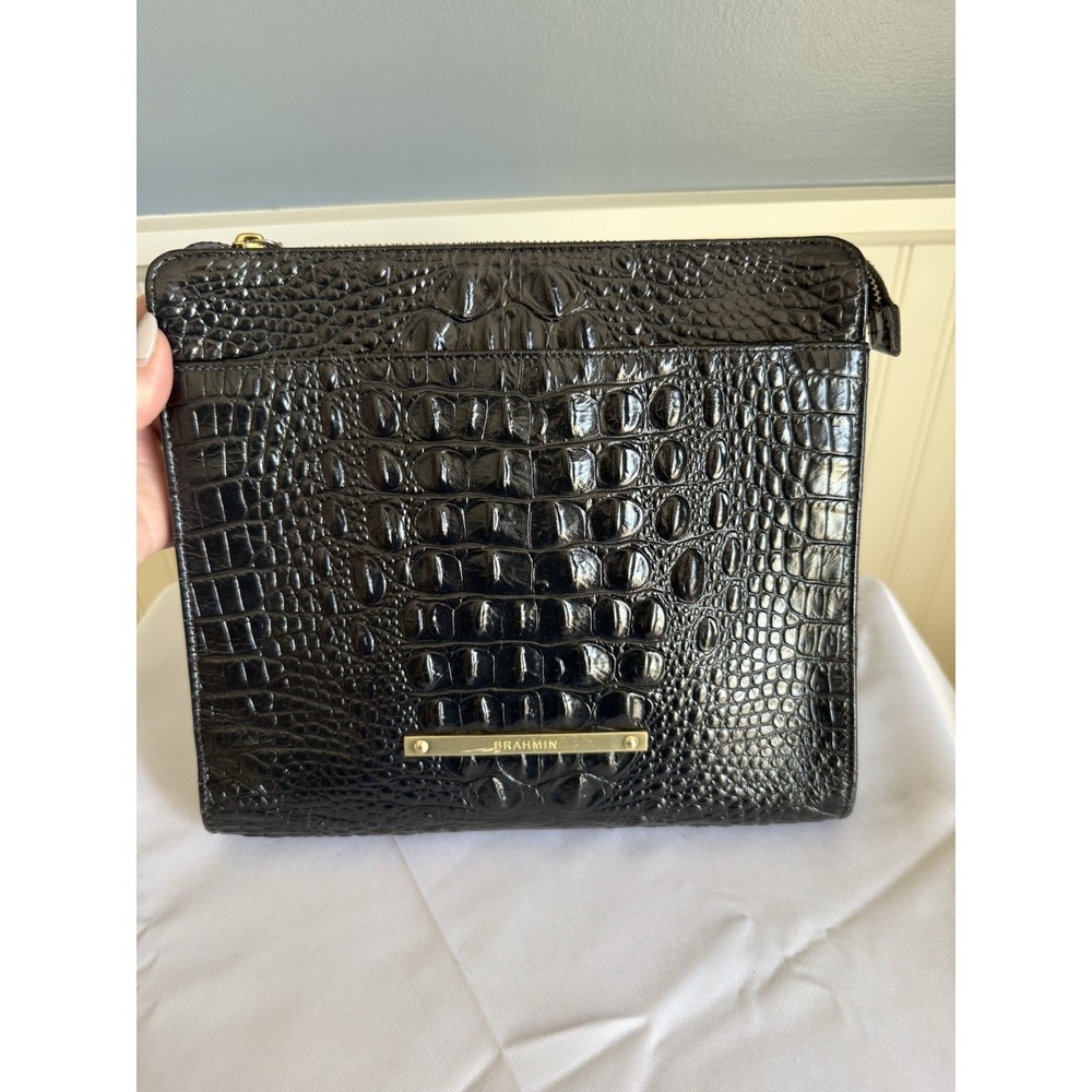 Brahmin Black Melbourne Croc Genuine Leather Crossbody Shoulder Bag Purse